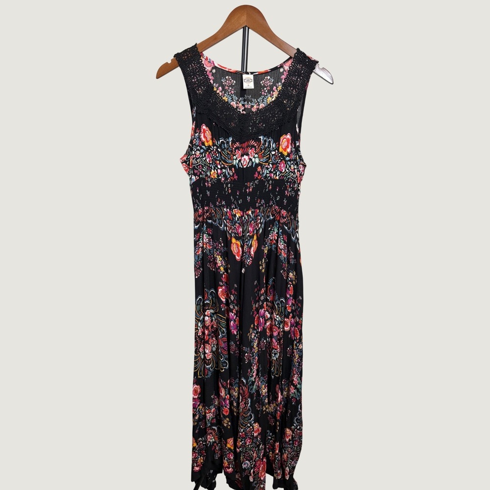 Bila Black Floral Paisley Crochet Lace Smocked Waist Maxi Dress Small YQ023